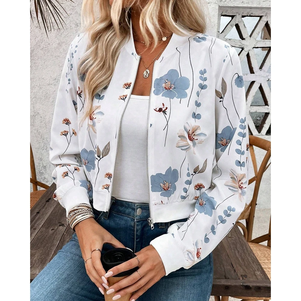 Women Floral Print Zipper Fly Long Sleeve Jackets Femme Casual Short Coat Elegant Autumn Jacket Fashion Baseball Outfits