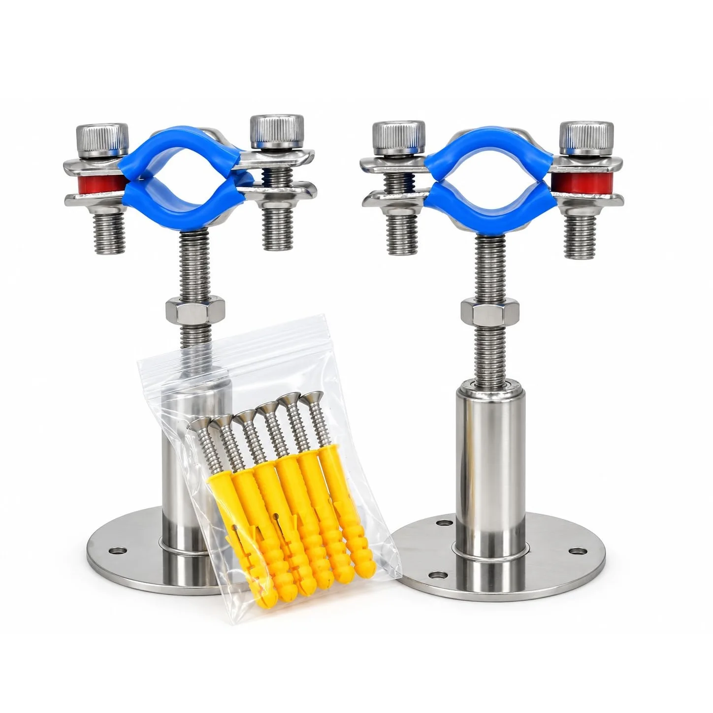 304 Stainless Steel Adjustable Pipe Clamp 2pcs 15-108mm Wall/Ceiling Mount Support Bracket With Base Plate Screws 30-50/50-100mm