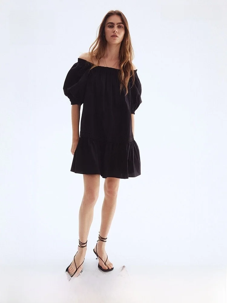 

Женское платье H&M А-силуэта из хлопка, цельное, в стиле рубашки, летнее, с открытыми плечами, в стиле Ins, с естественной линией талии, из хлопковой ткани