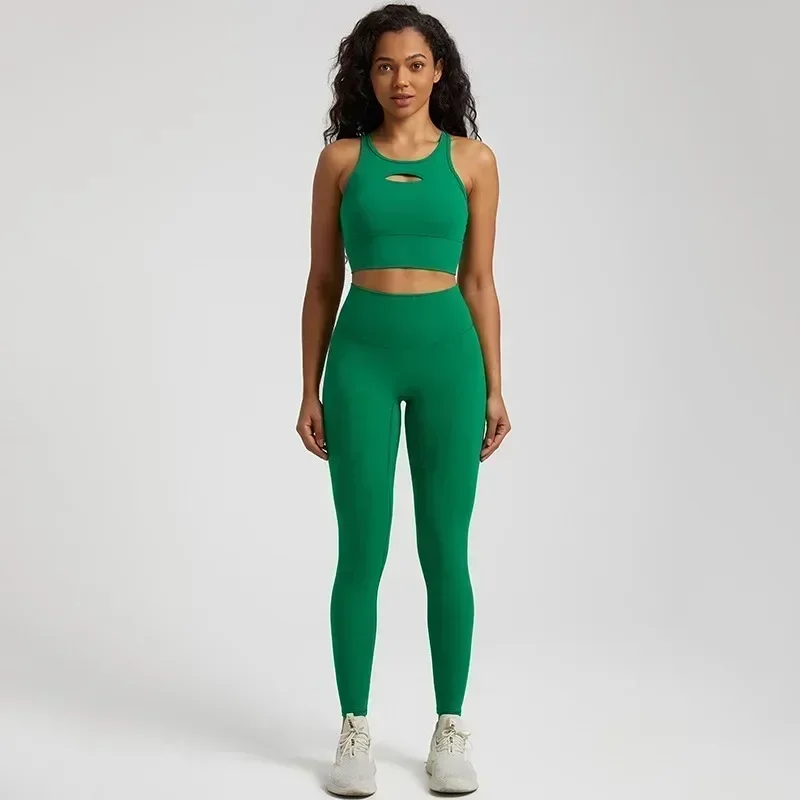 Lemon-Legging à manches courtes et col rond pour femme, ensemble de yoga, fitness, gym, doux, dos découpé, 2 pièces