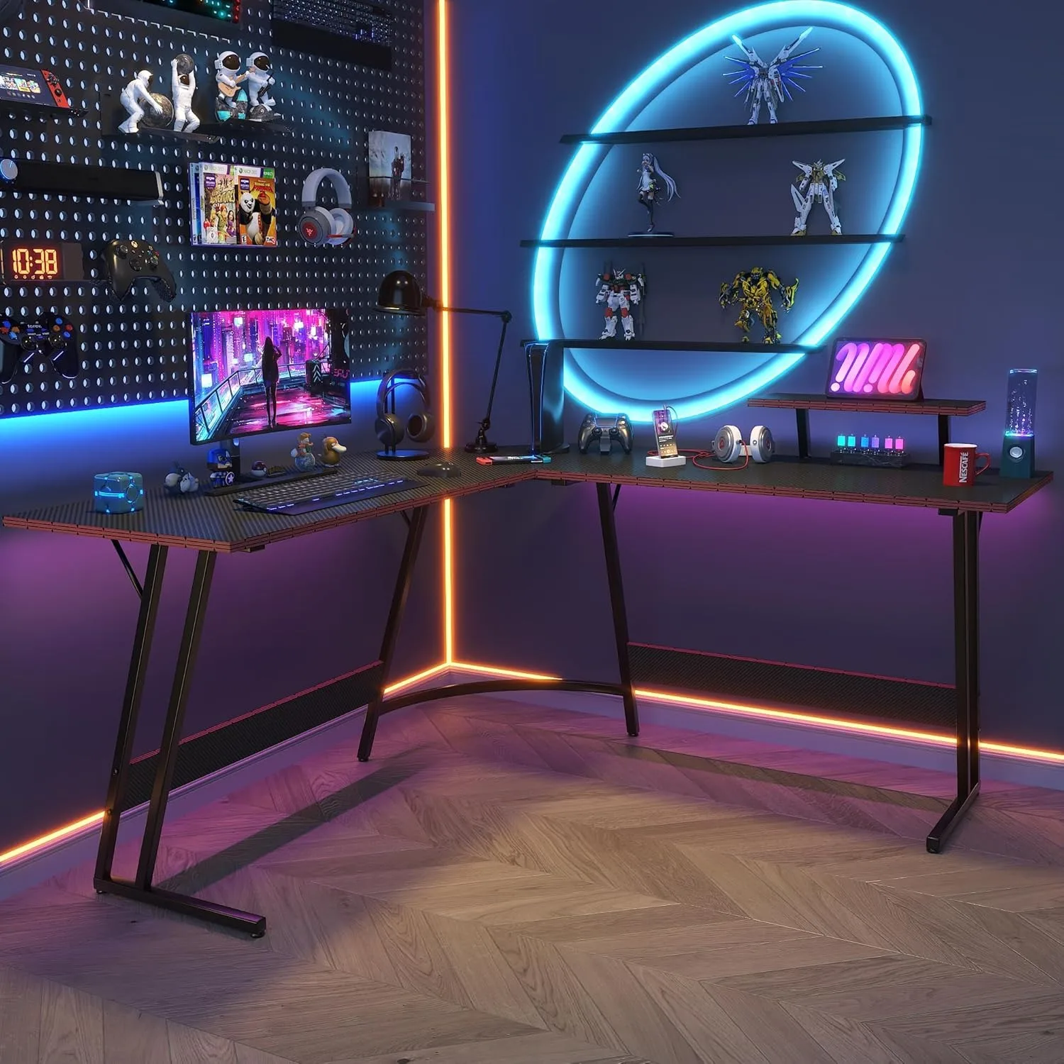 L Shaped Gaming Desk Computer Corner Desk Table with Large Monitor Riser Stand for Home Sturdy Writing Workstation (66 Inch)