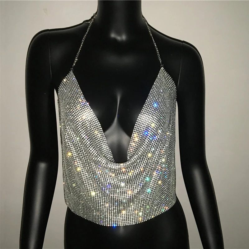 Festival Brilliant Rhinestone Backless Party Crop Top Women 2024 Summer Glitter Evening V Neck Diamonds Metal Tank Tops