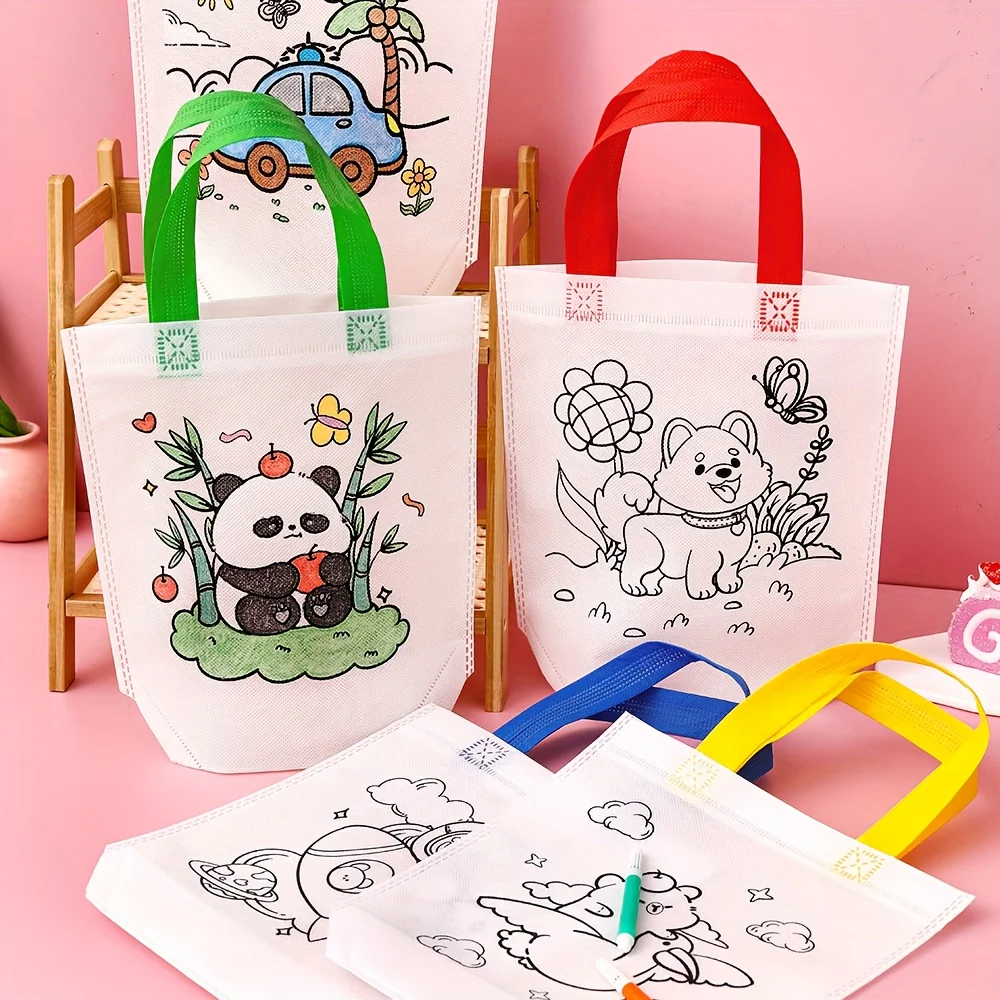 Non-Woven Fabric Hand-Painted Graffiti Bag + Watercolor Pen Set, Cartoon Line Drawing Patterns for DIY Coloring, Blank Painting Tote Bag, Handmade Gift Set