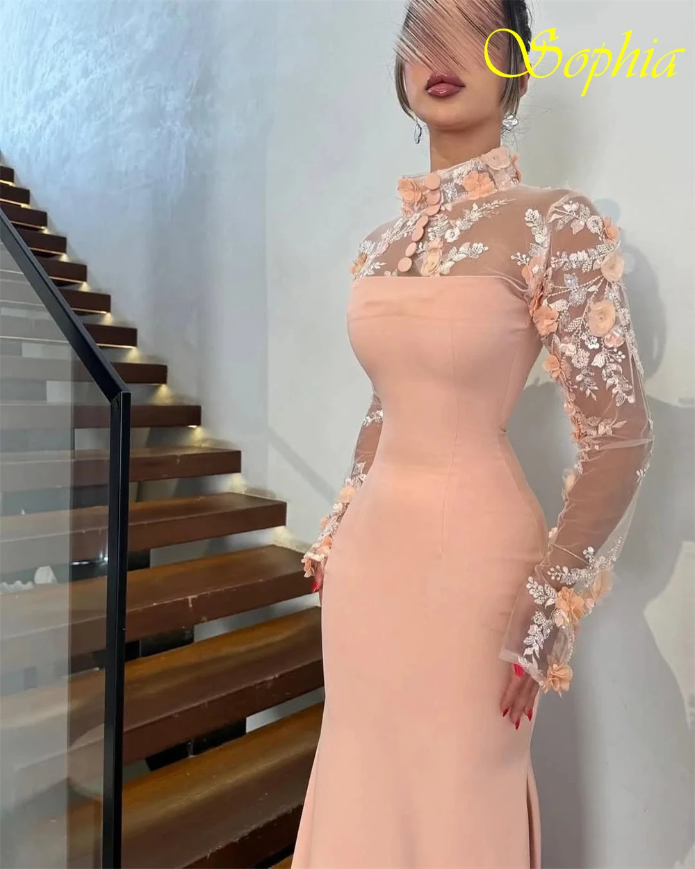 فستان سهرة أنيق من الجيرسيه الوردي مخصص كلاسيكي برقبة دائرية وأكمام طويلة فساتين المشاهير الرسمية حورية البحر مزينة بالحفلات