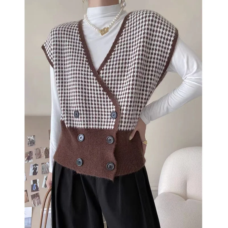 

air International fold wear plaid knit wool for women autumn winter new style of 100 match vest loose small outside