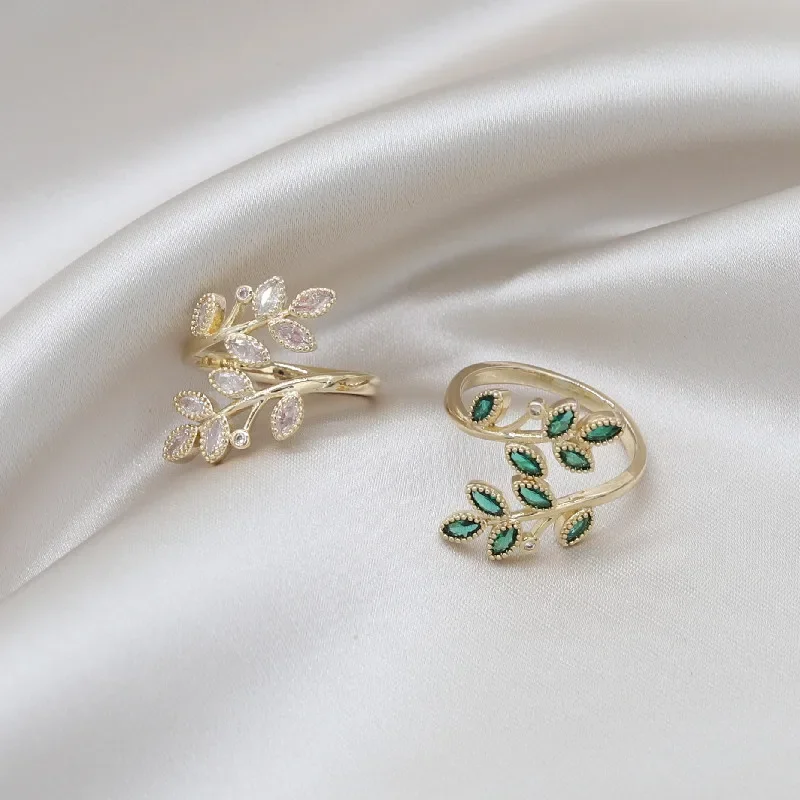 Korea New Fashion Jewelry Exquisite Green Zircon Wheat Ear Leaf Rings Elegant Women's Open Party Rings