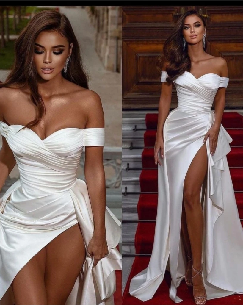 

A Line High Slit Prom Dresses Off Shoulder Evening Dress with Sweep Train Wedding Guest Dress Abendkleider Robes De Soirée