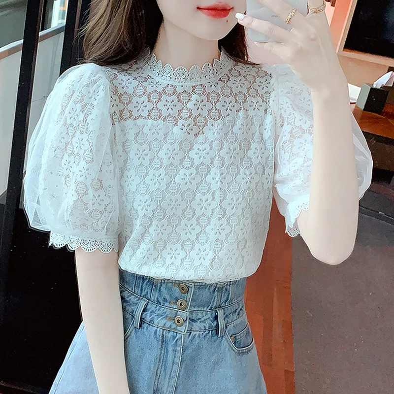 Women Clothing Korean Fashion Sexy Lace Hollow Sweet Chic Elegant Blouse 2024 Summer Female Casual Solid Short Sleeve Slim Tops