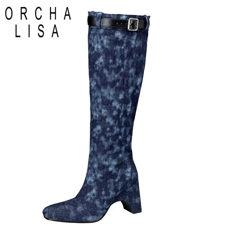 

ORCHA LISA 2025 Женские сапоги до колена для отдыха с квадратным носком, необычные каблуки 9 см, без шнуровки с пряжкой на ремне, большие размеры 46 47 48 Fashion Bota