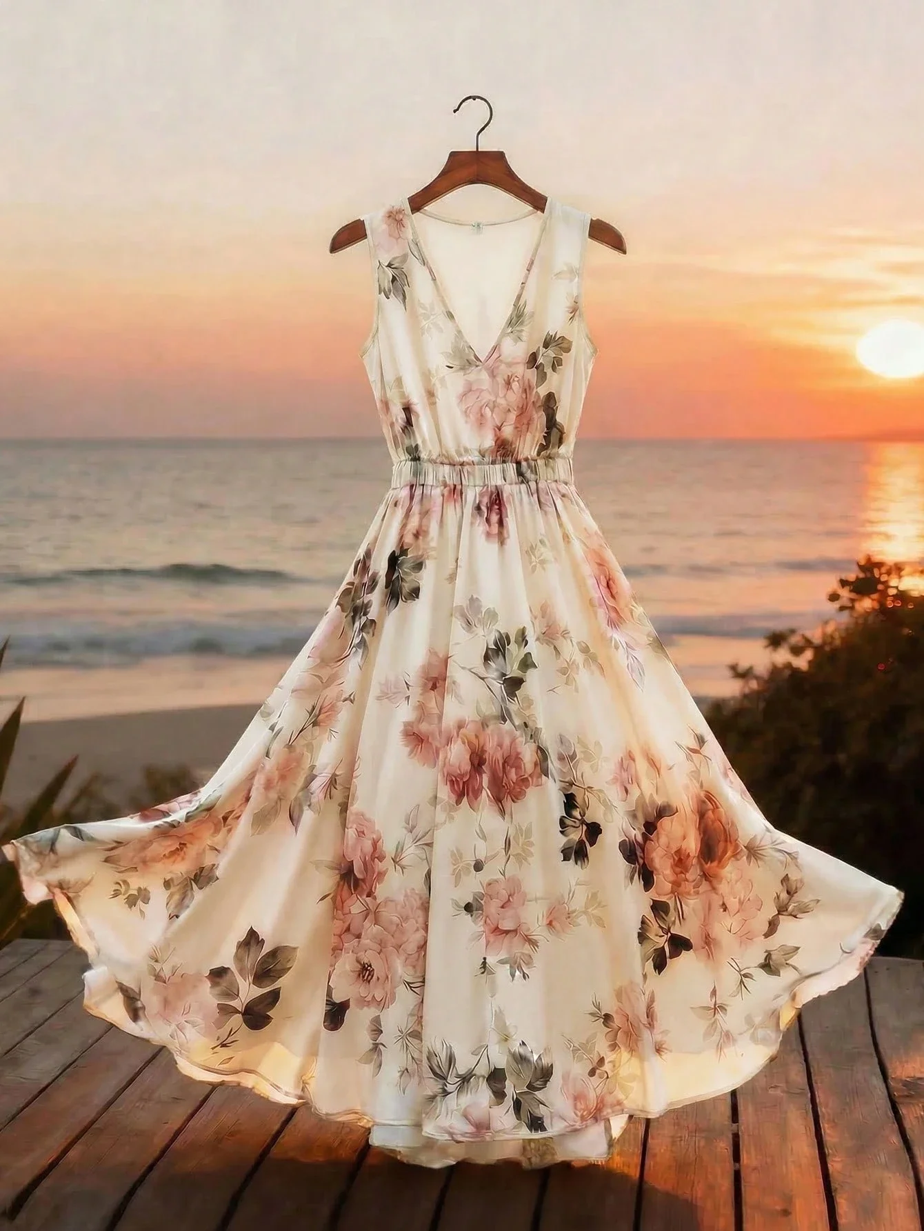 

Элегантное платье А-силуэта без рукавов с V-образным вырезом, цветочным принтом и эластичной талией для весны и лета