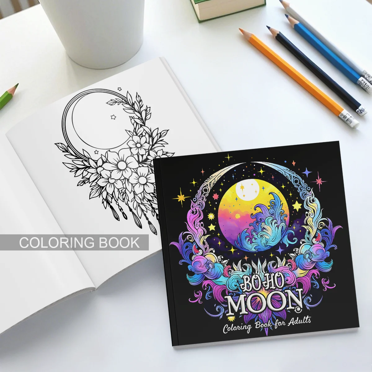 BOHO MOON Bold-Easyรูปแบบสมุดระบายสีสําหรับผู้ใหญ่สมุดวาดภาพน่ารักของขวัญภาพวาดที่สมบูรณ์แบบสําหรับงานปาร์ตี้และวันเกิด