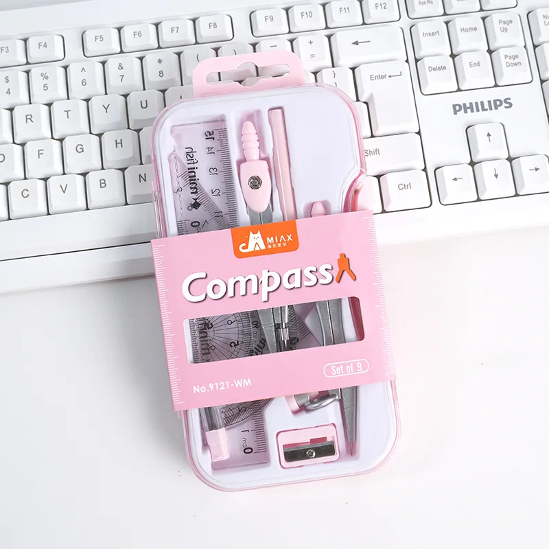 1Set student-specific compass assembly 9-piece set ruler pencil sharpener drawing design exam standard drawing tool compass