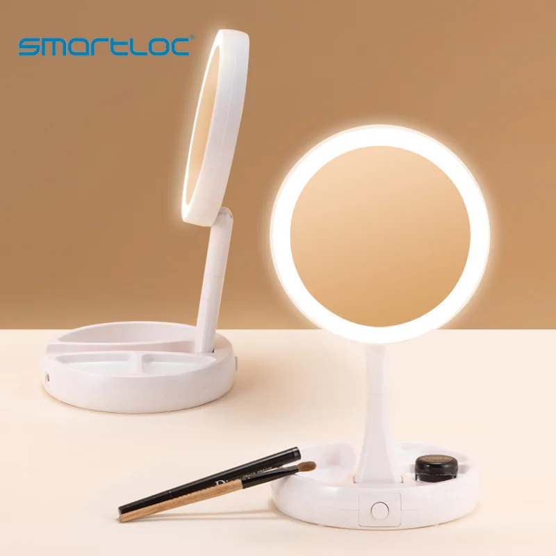 smartloc Double side 1X &10X LED mirror with light charging model Ins style desktop fill light portable folding makeup mirror