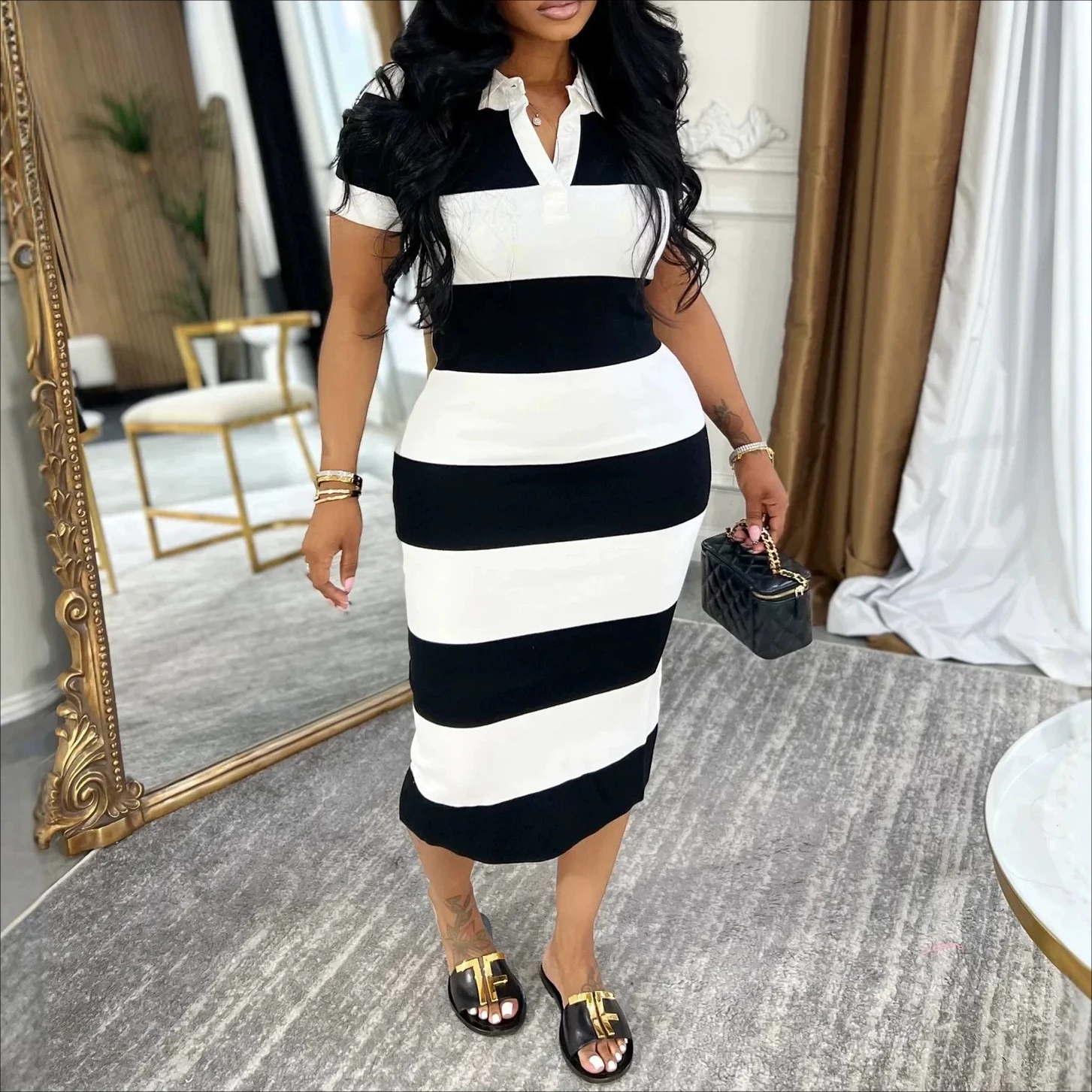 

Long Dress Women Dresses Striped Vestidos Y2k Streetwear Turn Down Collar Short Sleeve Hip Wrap Elegant Party Night Work 2026