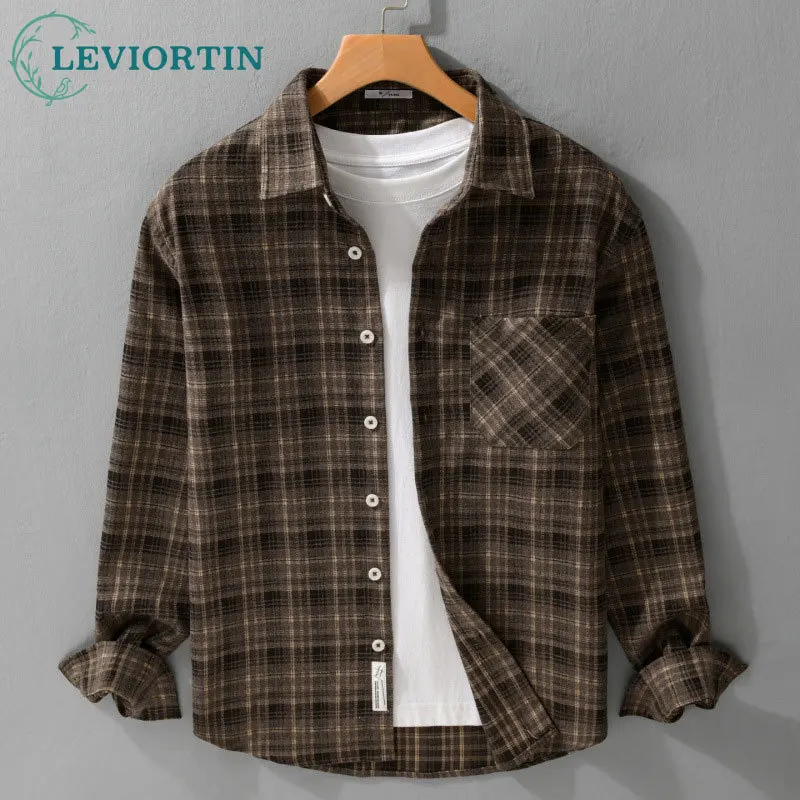Spring /Autumn Men's Fashion Trendy Brand Versatile, Comfortable, Natural, Casual, Loose, Brushed, Checkered, Long sleeved Shirt
