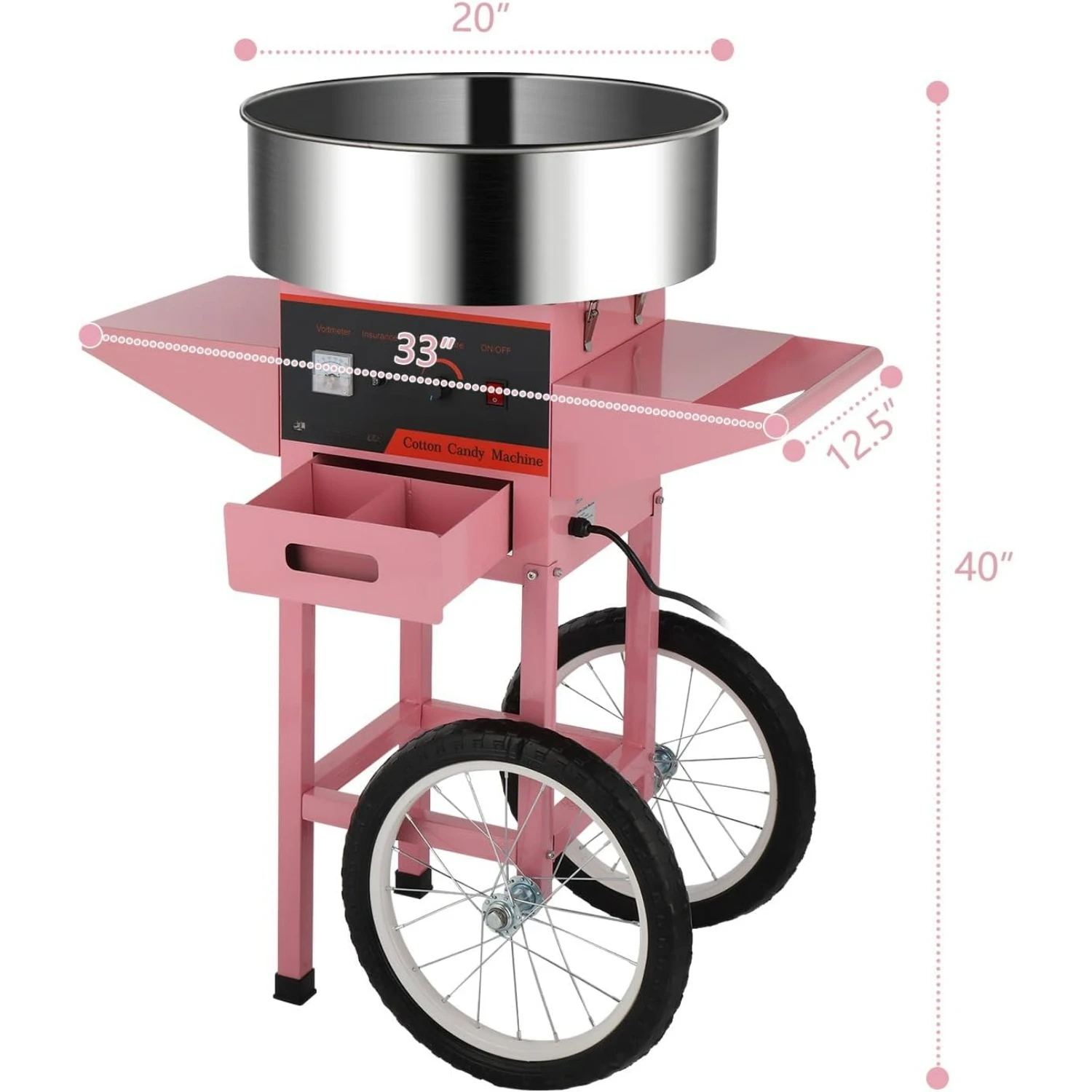 21 Inch Cotton Candy Machine Cart, Commercial Cotton Candy Maker Machine Candy Floss Machine Pink