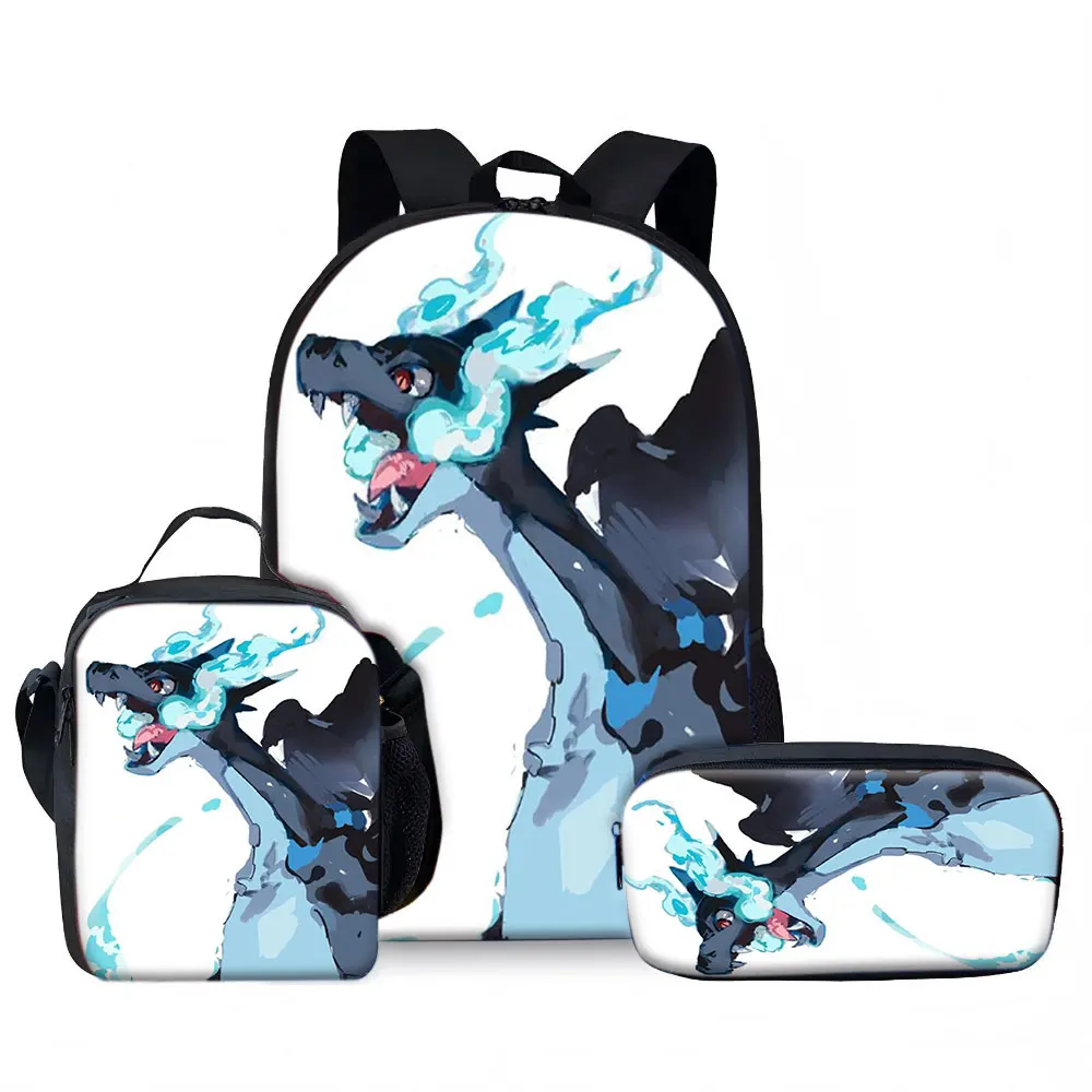 Kids Bag, Pokemon Anime, 3pcs Backpack Set Mega Charizard X Dragon Claw Slash Fire Blaze Black Blue Print Waterproof Student