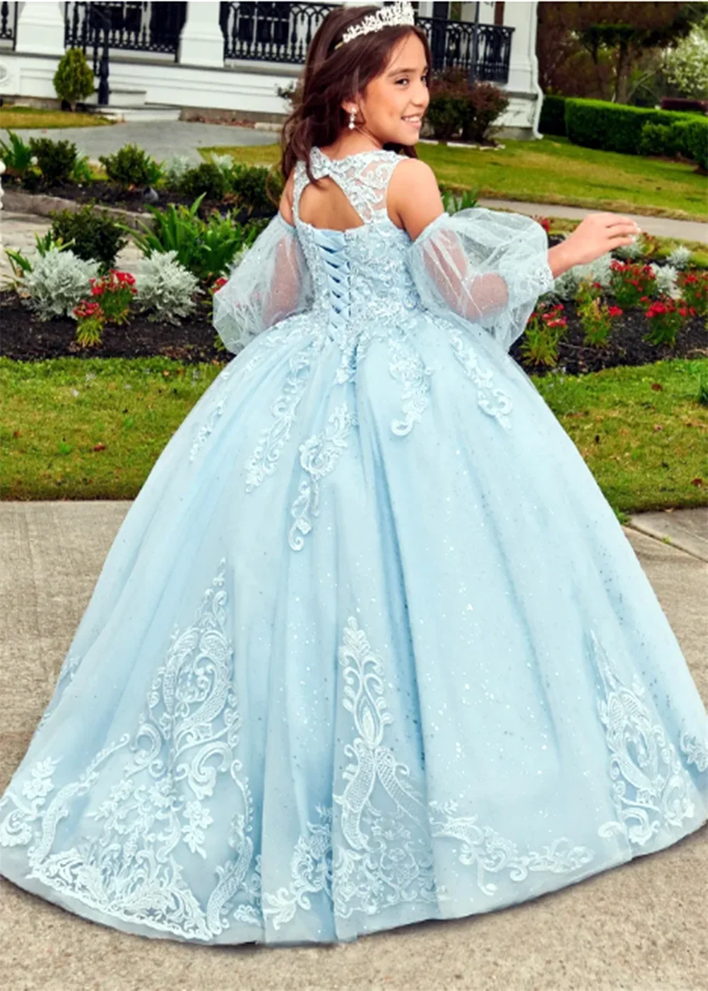 Abito da ragazza di fiore blu di lusso per abiti da prima comunione con stampa in pizzo da sposa in tulle gonfio per bambini, ballo di compleanno, applique