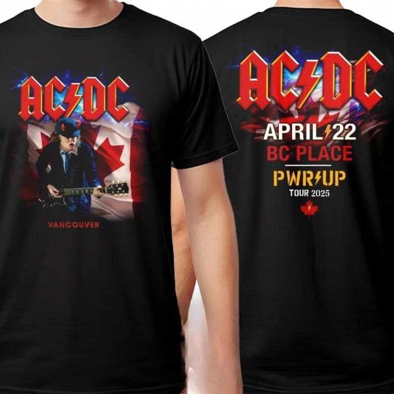 تي شيرت AC DC PWR UP Australia Tour 2025 للبضائع مع قائمة التواريخ لشهر نوفمبر وديسمبر تي شيرت مطبوع على الوجهين للجنسين