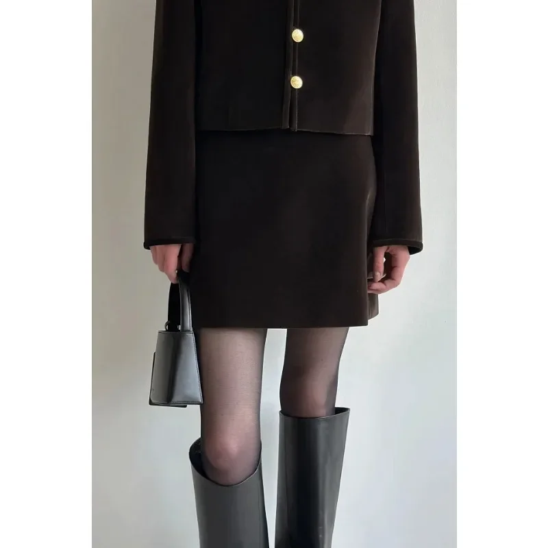 LC @-Dark Brown Single-breasted Round Collar Coat, New Elegant Skirt, Autumn and Winter 2024