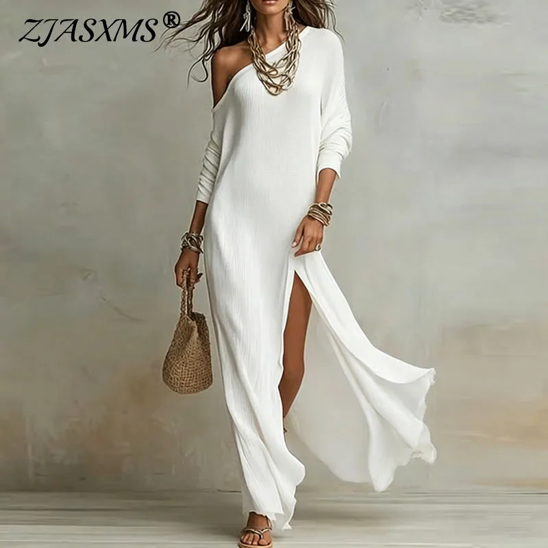 Frühlings-Einschulter-Langarm-Urlaubskleid für Damen, Sexy Schräg-Ausschnitt, Geschlitztes Boho-Kleid, Elegantes Einfarbiges Schlankes Lässiges Maxikleid