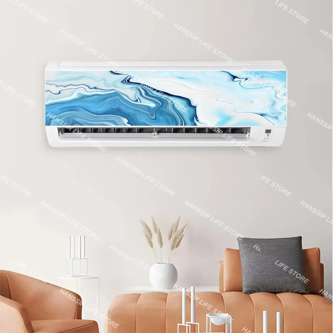 Abstract Line Art - Marble Tile AC Sticker Vinyl Wallpaper, Waterproof Self-Adhesive Air Conditioner Cover, Modern Home Decor
