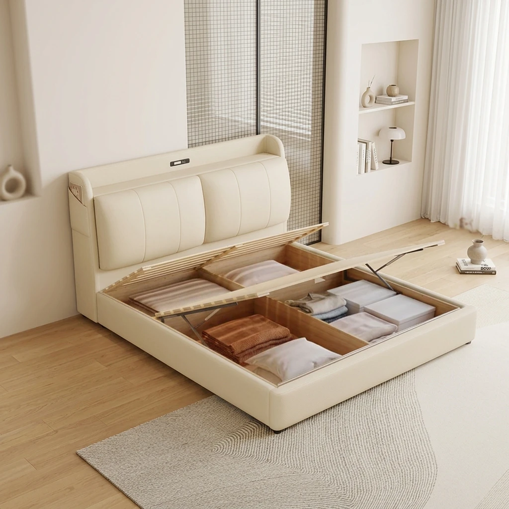^Modern French Tufted Soft Bed Headboard PU Leather Upholstery Pine Wood Frame Storage Space-Saving Double Queen/King Home