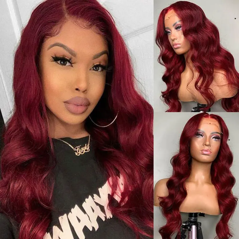 

Dark Wine Red Body Wave Synthetic 13x4 Lace Front Wigs High Quality Heat Resistant Fiber Hair Middle Parting For Women Cosplay