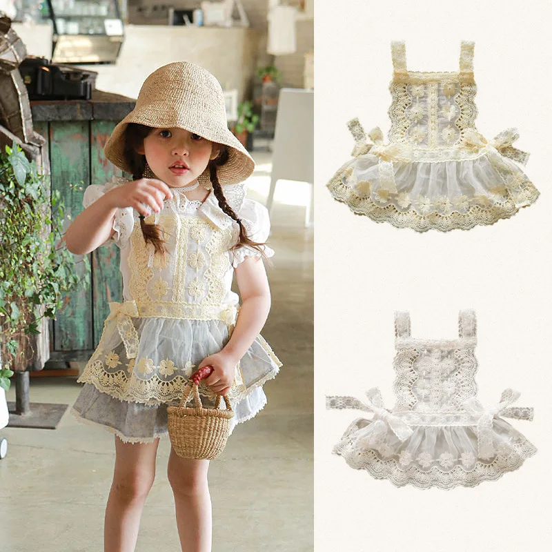 

2025 Summer Girl Baby Sweet Lace Mesh Embroidered Strap Skirt Skirt Outer Set