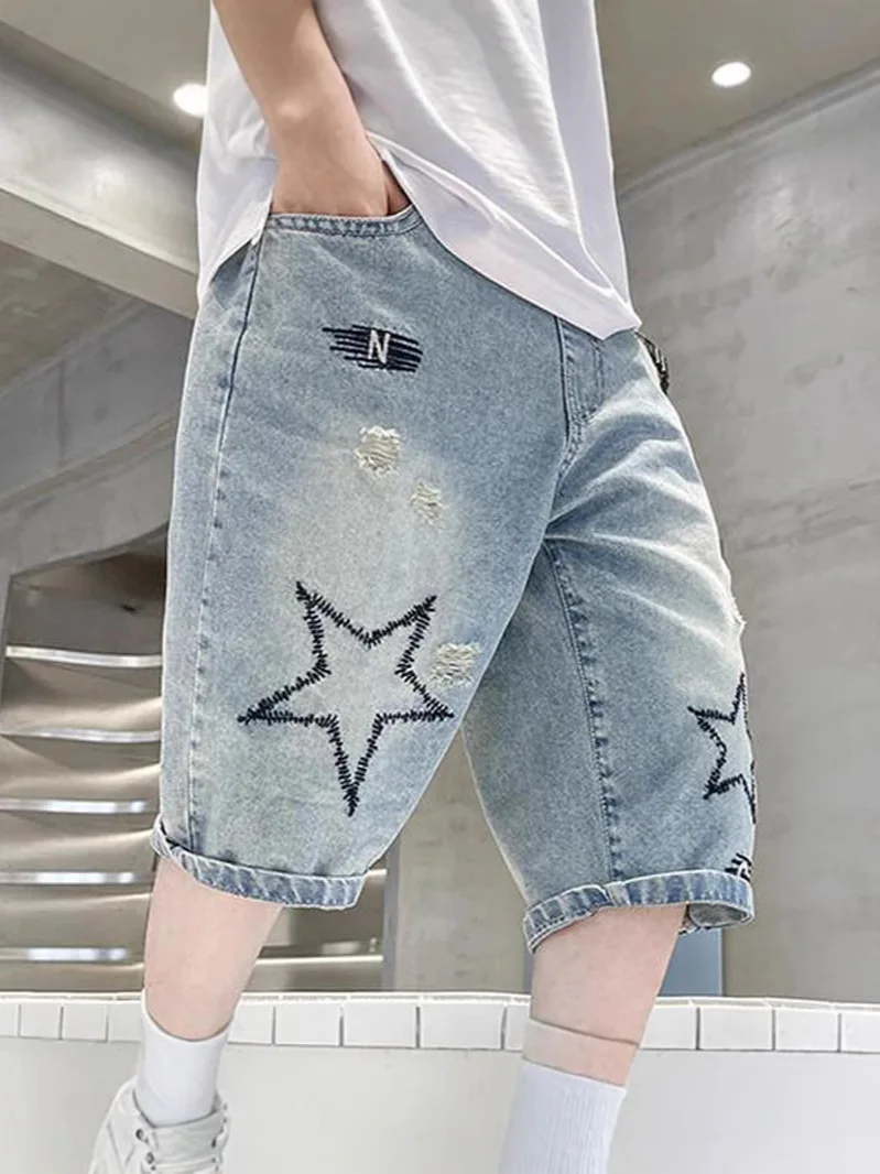 2026 Casual Boy Denim Shorts for Kids with Star Loose Fit Summer Cotton Sport Calf Pants Teenage Child Capris 4 6 8 1012 14 Year