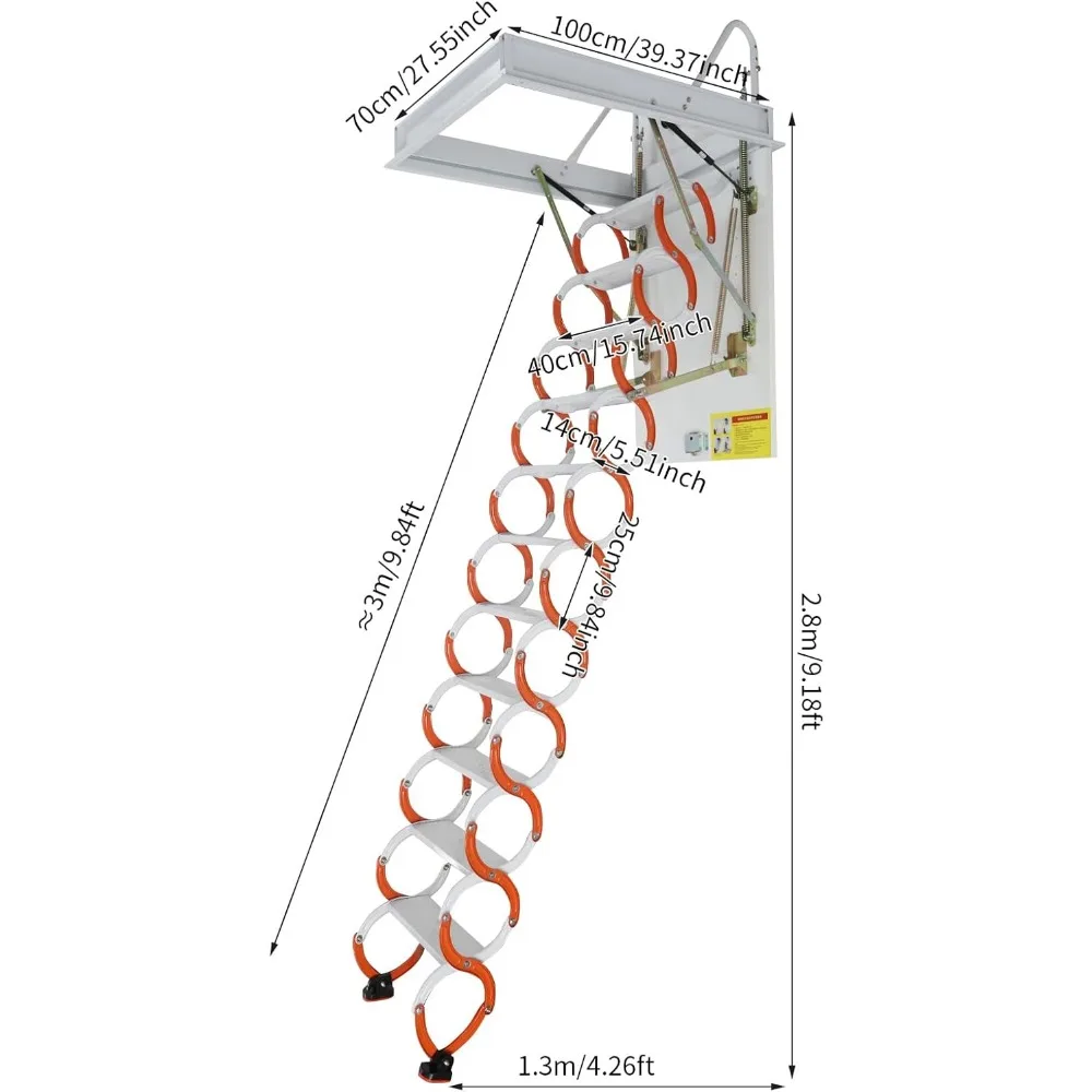 天井取り付け式ロフトはしご、10フィートの到達距離、11段、角度調整可能、耐荷重660ポンド、頑丈なプルダウンシステム