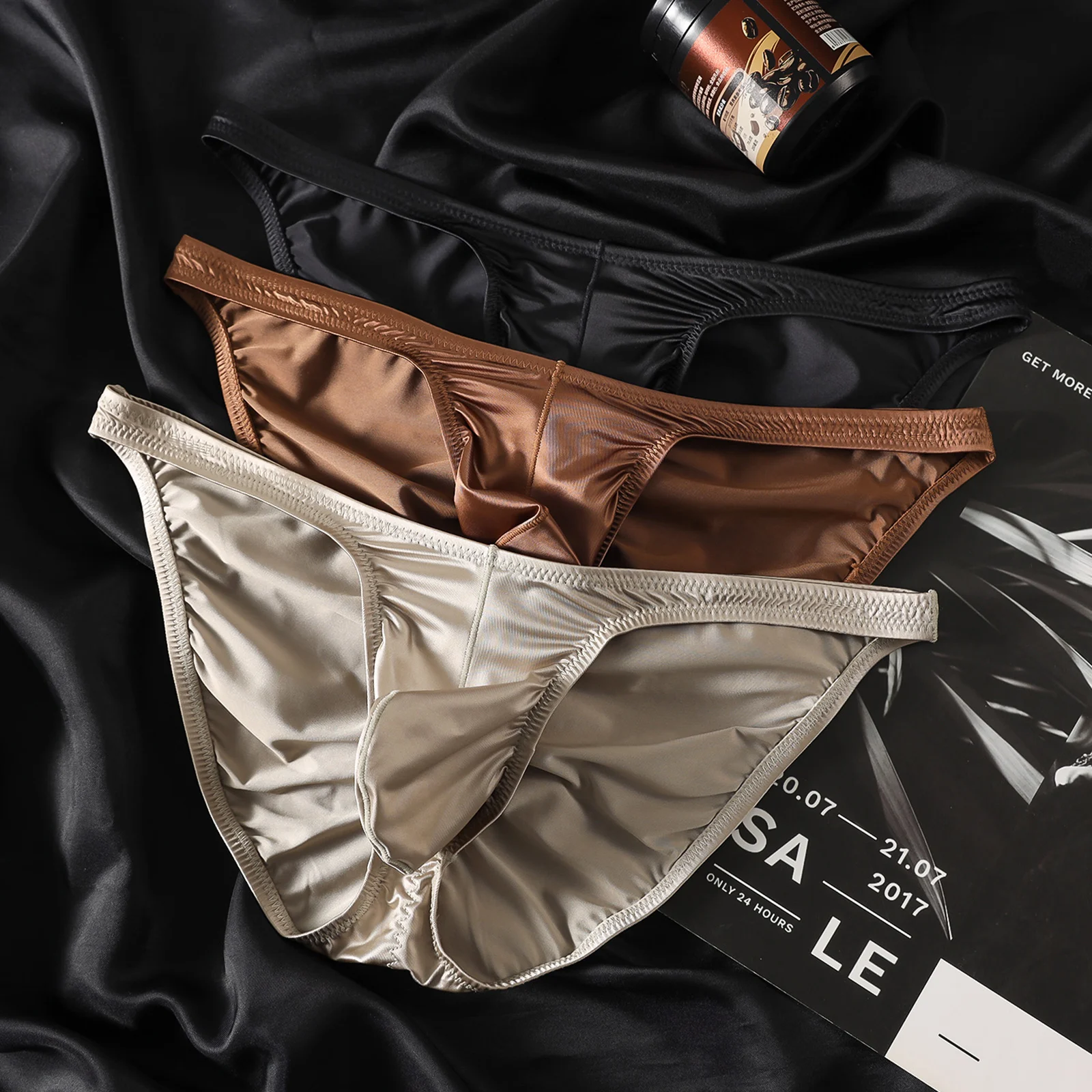 3-Pack Men's Underwear Mini Low Rise Satin Briefs Soft Stretchy Bulge Pouch Underpants Ultra-thin Breathable Intimate Bottoms