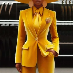 Luxury Yellow Velvet Women's Suits Blazer Slim Fit One Button Notch Lapel Office Lady 2 Piece Jacket Pants Blazer Clothing 2025