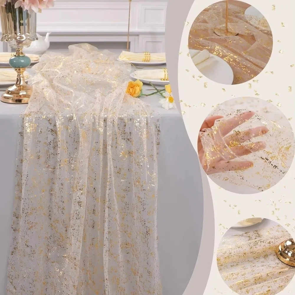 Golden Sequin Glitter Hot Stamping Table Flag Elegant European Style Mesh Birthday Table Runner Luxury Soft Sheer Tablecloth