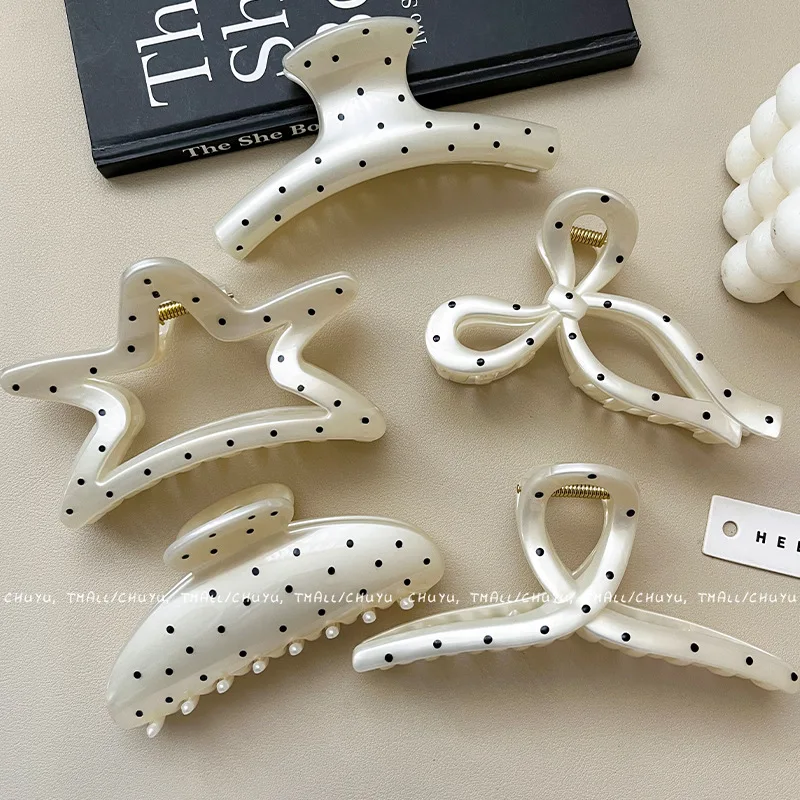 France Style Women Senior Large Black Wave Dot Design Hair Claw Barrettes Girl Fashion Hair Clip Sweet Hair Accessories Headwear