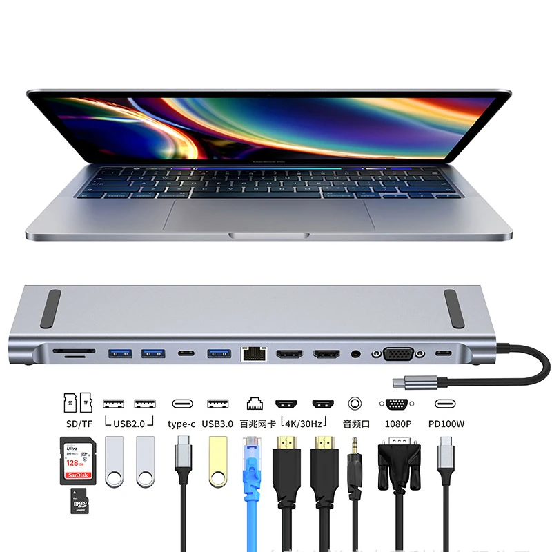 4/8/11/12-Trong 1 Hub 2 HDMI Multiport Adapter Dock Ga USB 3.0 4K HDMI RJ45 SD/TF VGA PD Dành Cho Laptop MacBook iPad