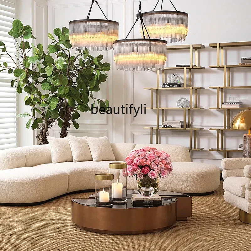 

Hot sales Designer furniture light luxury modern semi-circular stainless steel coffee table combination living room glass tea ta