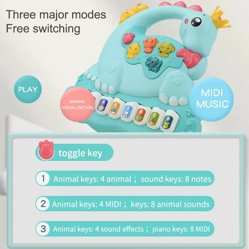 어린이 조기 교육 공룡 피아노 장난감, 소리 조명 전자 오르간, 유아 만화 동물 음악 장난감