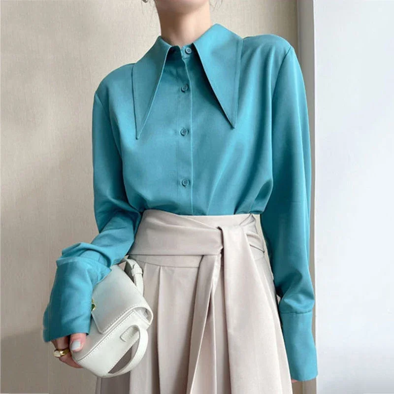 Satin White Shirts Women Korean Design Pointed Lapel Smooth Blouses Casual Loose Spring Camisas New Soft Tops Office Blusas