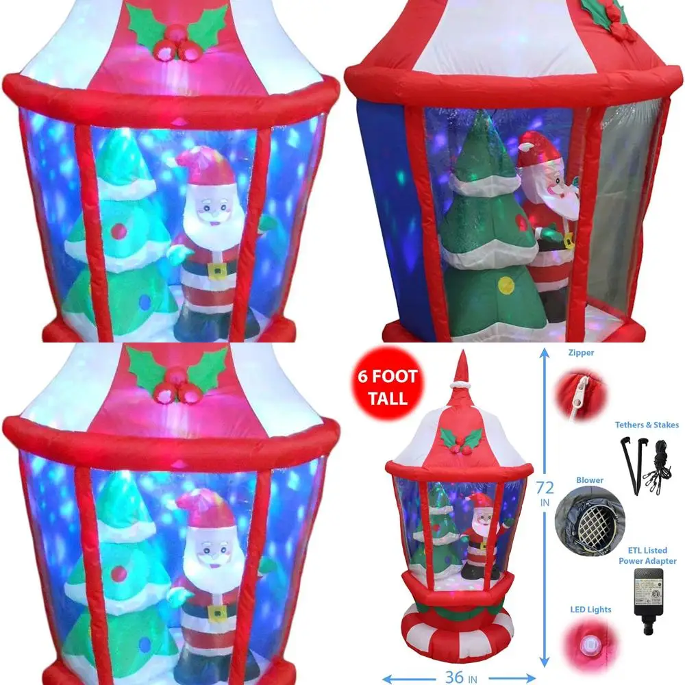 

6-Foot Santa Themed Inflatable Lantern with LED Lights - Outdoor/Indoor Christmas Decor, Self-Inflating, Weatherproof