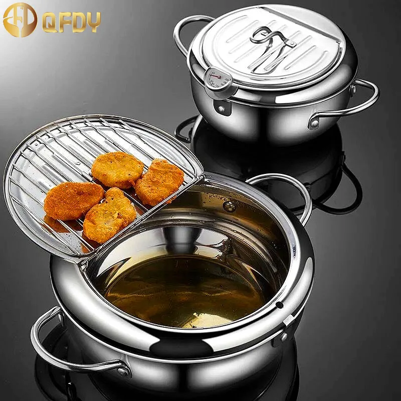 304 Stainless Steel Kitchen Tempura Fryer Pan 20 /24 /28cm Japanese Deep Frying Pot with a Thermometer and a Lid