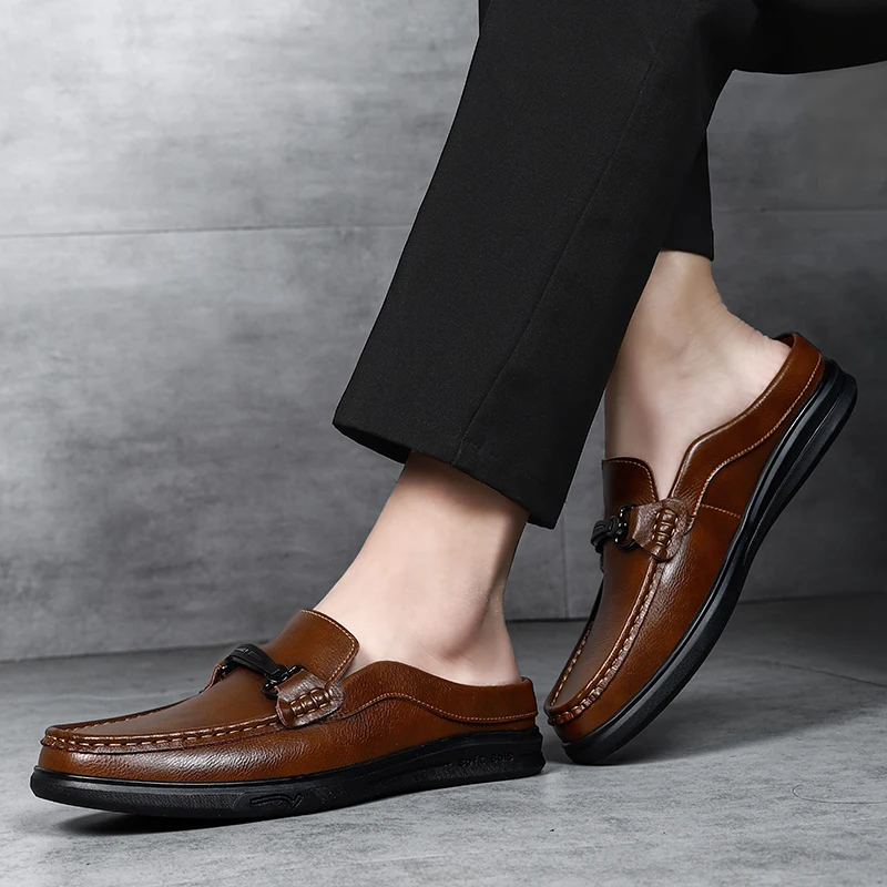 

Quality Comfort Soft Sole Men's Slippers Leather Half Slippers Loafers Shoes Moccasins Flats Outdoor Non-slip Senior Beach Shoes