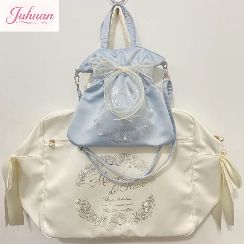

Japanese Summer New Ocean Cute Shell Pearl Travel Bag Female Satin Bow Sweet Cute Portable Shoulder Messenger Bags for Women