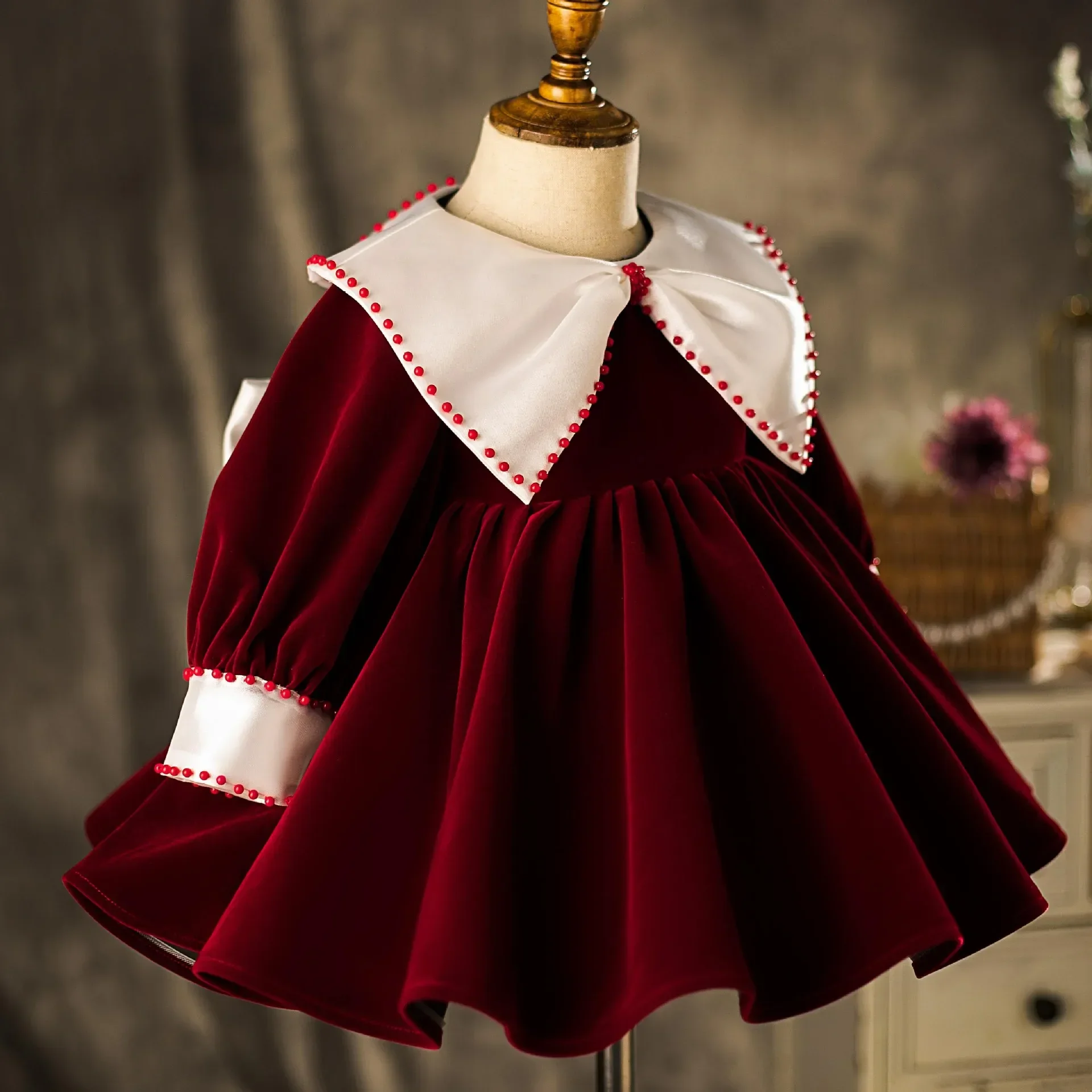 2024 Wine Red Flower Girl Dress for Wedding Long Sleeve Baby Girls Christmas Clothing Kid's 1st Year Birthday Party Infant Gown