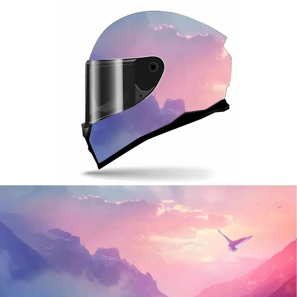 

Полнолицевой горный пейзаж и птица с рисунком розового неба Наклейки на шлем — прочный и водонепроницаемый ПВХ, самоклеящиеся мотоциклы