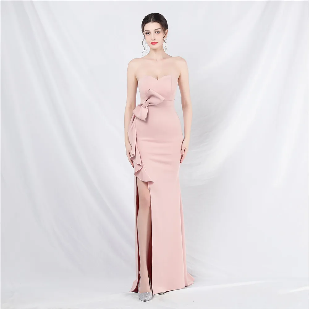 

Sladuo Women Elegant Sexy Strapless Maxi Cocktail Dress With Bow Ruffles Split Evening Celebrity Club Dresses