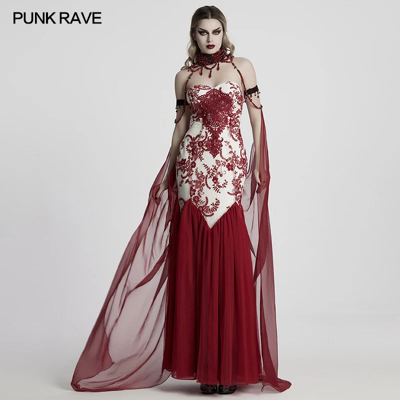 PUNK RAVE Women's Gothic Bead Necklace Crinkled Chiffon Dark Night Vampire Cloak Gorgeous Elegant Long Cape Coat Three Colors