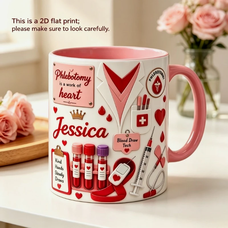2D Print Custom Phlebotomist Mug Ceramic Coffee Cup 11oz Customizable Name Text Test Tube Syringe Print Microwave Safe Multi Col