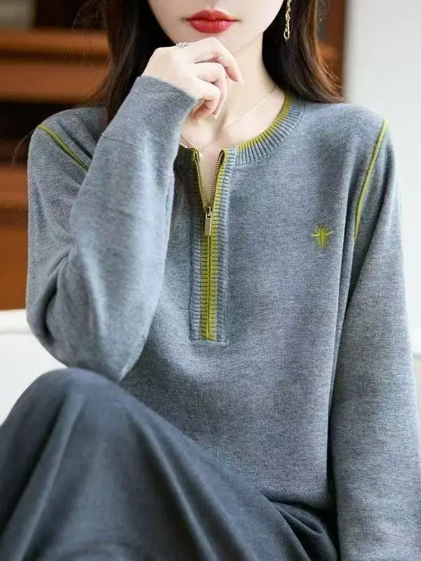 

f-Zip вязаный шерстяной свитер женский длинный базовый слой све осень-зима модный свободный крой для поездок на работу теплая зарядка