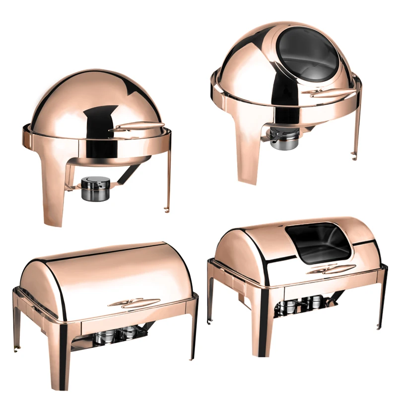 

Luxury 6L 9L Stainless Steel Roll Top Chafing Dish Rose Gold Plated Electric Food Warmer Buffet Set High-End Catering Solution
